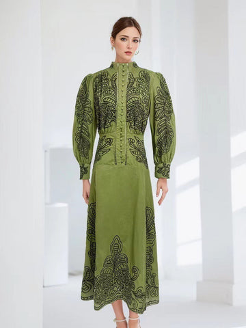 Early Spring And Autumn New Collar Embroidery Embroidery Process Single Buckle Waist Long Dress Woman